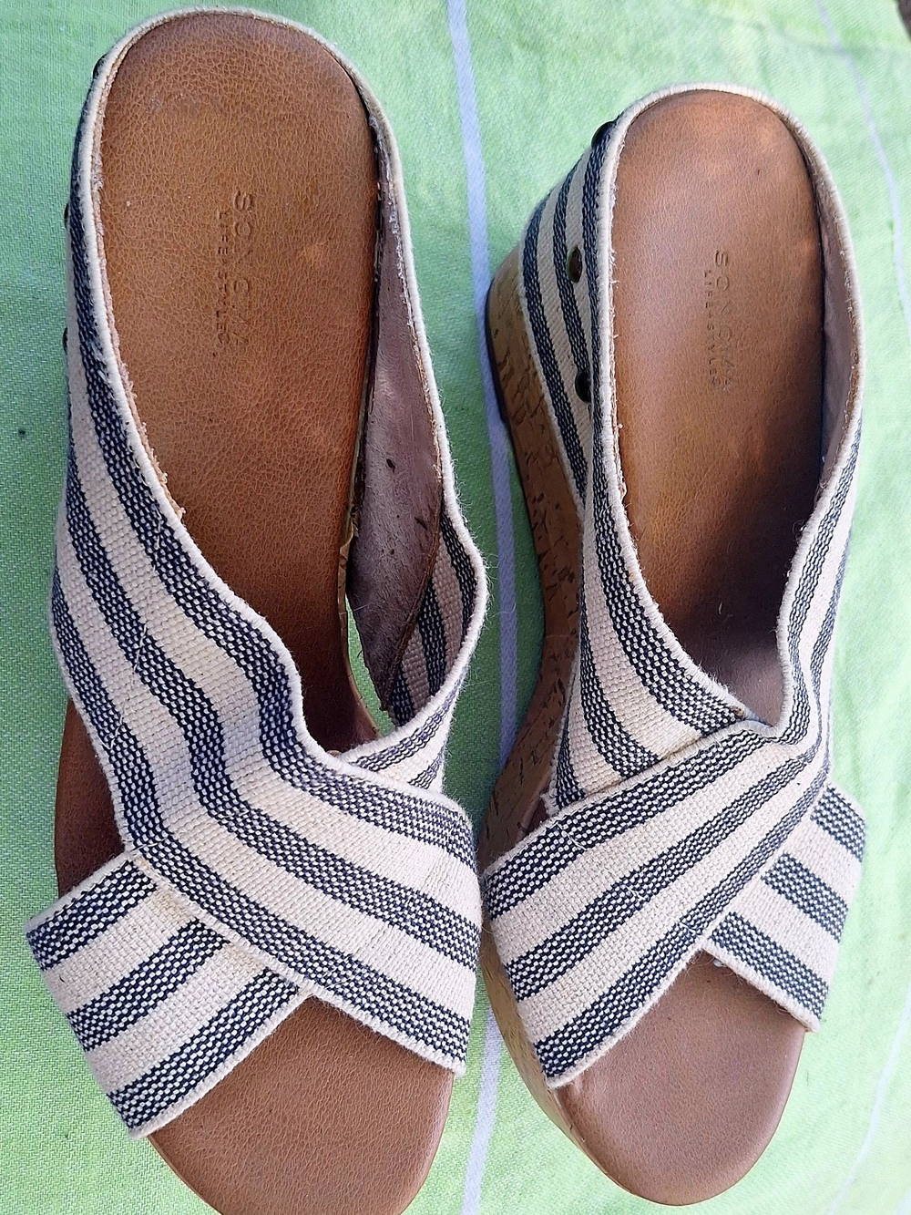 Sonoma Navy & Cream Striped Canvas Cork Wedge Sandals